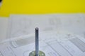 M8 bolt bonding fastener with blurred technical drawing a