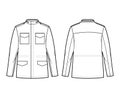 M-65 field jacket technical fashion illustration with oversized, stand collar, hide hood, flap pockets, epaulettes