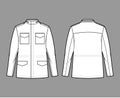 M-65 field jacket technical fashion illustration with oversized, stand collar, hide hood, flap pockets, epaulettes