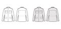 M-65 field jacket technical fashion illustration with oversized, stand collar, hide hood, flap pockets, epaulettes