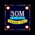 30M followers thank you greeting card with colorful lights on dark background