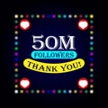 50M followers thank you greeting card with colorful lights on dark background Royalty Free Stock Photo