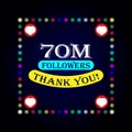 70M followers thank you greeting card with colorful lights on dark background