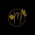 M Gold letter and Gold Leaf logo design. M Letter golden initial luxury Boutique Nature Floral Flower. M Monogram vector design