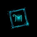 M letter glowing logo design in a rectangle banner