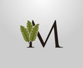 M Letter With Green Banana Leaf, Tropical Alphabet Sign Design Concept