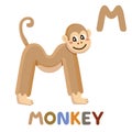 M is for Monkey. Letter M. Monkey, cute illustration. Animal alphabet