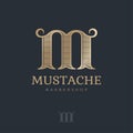 M monogram with curl elements. Barbershop logo. Golden letter M with mustache.