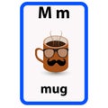 Alphabet flashcard for children with the letter m from mug