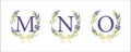 M N O letter. Set modern hand-drawn flat sketch illustrations. Lavender flower wreath with alphabet monogram. good idea