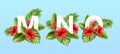 M N O letters surrounded by summer tropical leaves and red hibiscus flowers. Tropical font for summer decoration. Vector