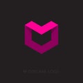 M origami logo. M letter. M monogram. Pink origami figure.