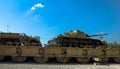 M60 Patton Tank with M9 Dozer Blade and M3 half-track carrier on Pontoon bridge. Latrun, Israel