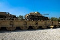 M60 Patton Tank with M9 Dozer Blade and M3 half-track carrier on Pontoon bridge. Latrun, Israel