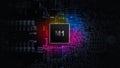 M1 processor chip. Network digital technology with computer cpu chip on dark motherboard background. Protect personal