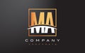 MA M A Golden Letter Logo Design with Gold Square and Swoosh.