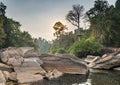 Maak Ngaew Waterfall rock pool,above cascades and rain forest, at sunset, near Pakse,Laos