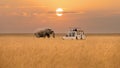 African elephant walking in savanna and tourist car stop by watching during sunset at Masai Mara National Reserve Kenya Royalty Free Stock Photo