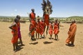 Maasai men jumping in a group dance Royalty Free Stock Photo