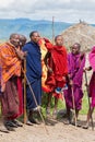 Maasai men performing tradition Masai jumping dance at village in Arusha, Tanzania, East Africa Royalty Free Stock Photo