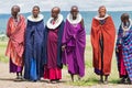 Maasai women with beaded collars performing tradition Masai dance at village in Arusha, Tanzania, East Africa