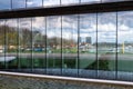 Maasbracht, Limburg, The Netherlands - Abstract view over rectangular reflecting glass of the control center of the sluice