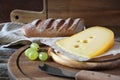 Maasdam cheese, french bread and green grapes Royalty Free Stock Photo