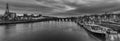 Black and white panoramic image of the skyline of Maastricht  with views on the Sint Servaas bridge, the boat company for day trip Royalty Free Stock Photo