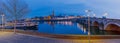 Panoramic image of the skyline of Maastricht during the blue hour with views on the Sint Servaas bridge, the boat company for day Royalty Free Stock Photo