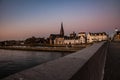 Maastricht with a view on the Ridder beer brewery during sunset with an amazing sky full of color Royalty Free Stock Photo