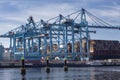 Maasvlakte 2, Rotterdam. Aerial view of container terminal in the harbor MAASVLAKTE, Netherlands. A large containership is Royalty Free Stock Photo