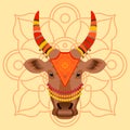 Maatu Pongal. Hindu harvest festival in India and Sri Lanka. The concept of the event. The head of a cow, decorated with cloth wit