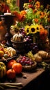 Mabon home altar. Beautiful fruits, vegetables, flowers, burning candles on the table, close-up, vertical image Royalty Free Stock Photo