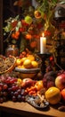 Mabon home altar. Beautiful ripe fruits, flowers and burning candles on the table, close-up, vertical image