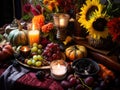 Mabon home altar. Ripe fruits, vegetables, flowers, burning candles on the table, close-up.
