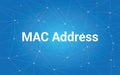 Mac address white text illustration with blue constellation as background