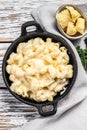 Mac and cheese, american style macaroni pasta in cheesy sauce. White wooden background. Top view Royalty Free Stock Photo