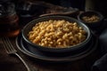 Mac and cheese baked pasta on Modern Italian ceramic plate, American style pasta generative AI