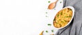 Mac and cheese with chanterelle mushrooms. Web banner with copy space Royalty Free Stock Photo