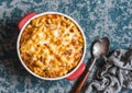 Mac and cheese. Macaroni and cheese with meat tomato sauce. Royalty Free Stock Photo