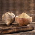 Organic Lepidium meyenii powder in the bowl - Maca andean ginseng