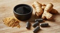 Maca Display Black Powder Capsules and Roots on Wooden Surface Royalty Free Stock Photo