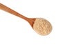 Maca Powder in wooden spoon on white background, close-up. Maca gelatinized flour. Peruvian superfood, natural organic supplement