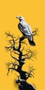 Macabre Illustration Of An Eagle In A Tree On Yellow Background