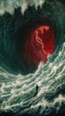 Macabre Illustration of a Person Confronting a Beautiful Giant Wave