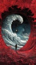 Macabre Illustration of a Person Riding a Giant Wave