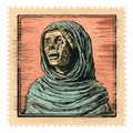 Macabre Illustration Of Woman In Burqa: A Unique Stamp Design