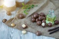 Macadam nuts, walnut oil, on wooden background. Relax, health care, body care Royalty Free Stock Photo