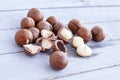 Macadamia is an Australian nut, a Kindal. On a wooden fob is a gray-blue color Royalty Free Stock Photo