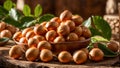 Macadamia nut with leaves a bowl wooden table tasty edible healthy